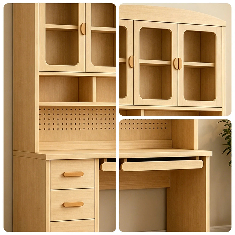 LIVARA Oak Look Study Desk with Hutch - 3 Door Storage Cabinet - Left Drawers for Home Office - Natural Oak