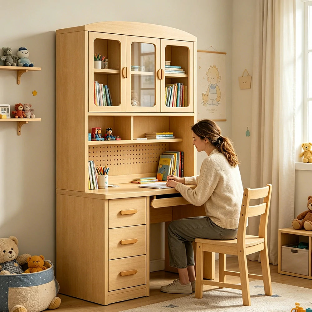 LIVARA Oak Look Study Desk with Hutch - 3 Door Storage Cabinet - Left Drawers for Home Office - Natural Oak