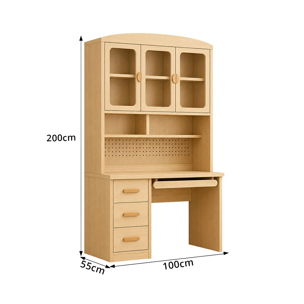 LIVARA Oak Look Study Desk with Hutch - 3 Door Storage Cabinet - Left Drawers for Home Office - Natural Oak