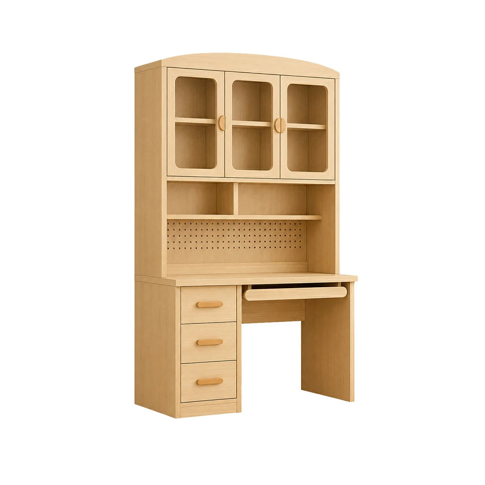 LIVARA Oak Look Study Desk with Hutch - 3 Door Storage Cabinet - Left Drawers for Home Office - Natural Oak
