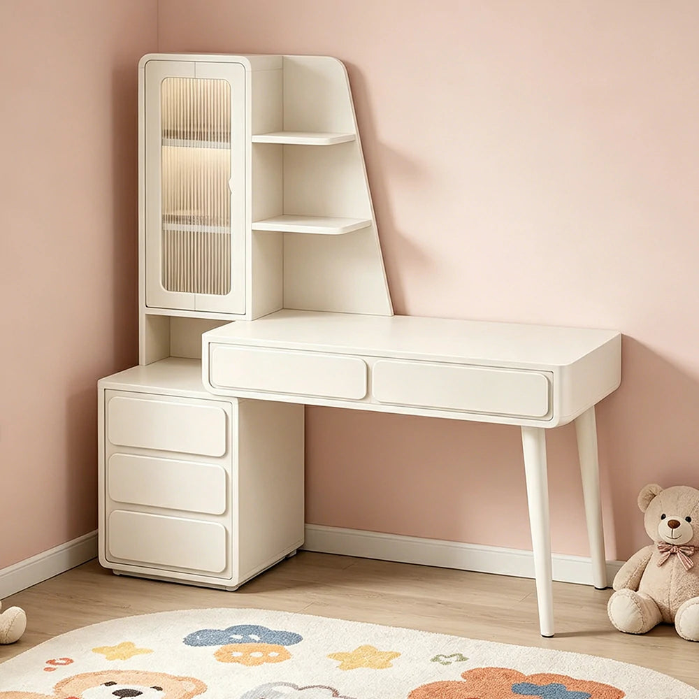 LIVARA Cream White Study Desk with Hutch - 3 Door Storage Cabinet - Left Drawers for Home Office - Cheese White