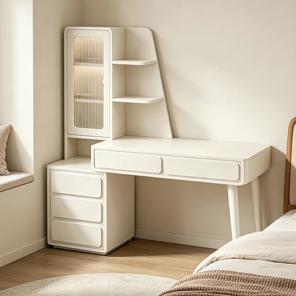 LIVARA Cream White Study Desk with Hutch - 3 Door Storage Cabinet - Left Drawers for Home Office - Cheese White