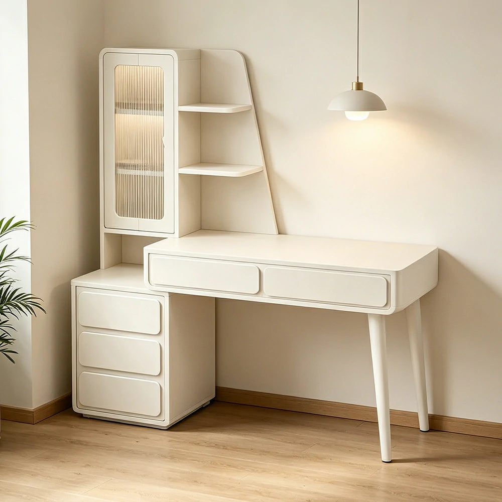 LIVARA Cream White Study Desk with Hutch - 3 Door Storage Cabinet - Left Drawers for Home Office - Cheese White