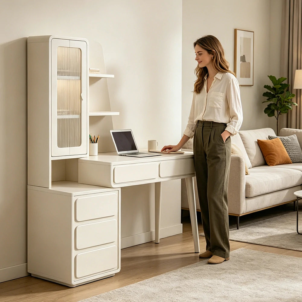 LIVARA Cream White Study Desk with Hutch - 3 Door Storage Cabinet - Left Drawers for Home Office - Cheese White