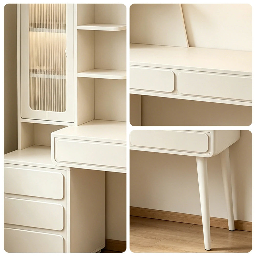 LIVARA Cream White Study Desk with Hutch - 3 Door Storage Cabinet - Left Drawers for Home Office - Cheese White