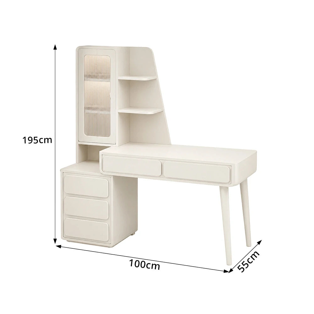LIVARA Cream White Study Desk with Hutch - 3 Door Storage Cabinet - Left Drawers for Home Office - Cheese White