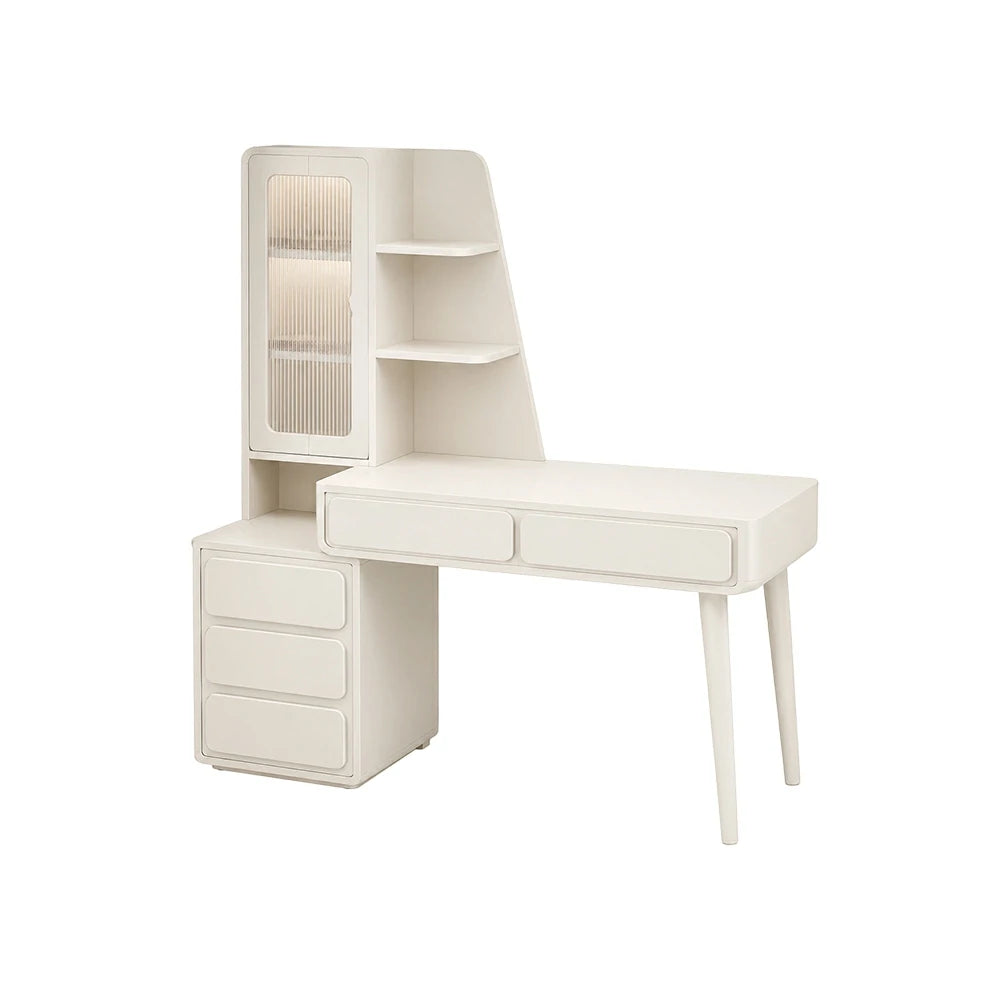 LIVARA Cream White Study Desk with Hutch - 3 Door Storage Cabinet - Left Drawers for Home Office - Cheese White