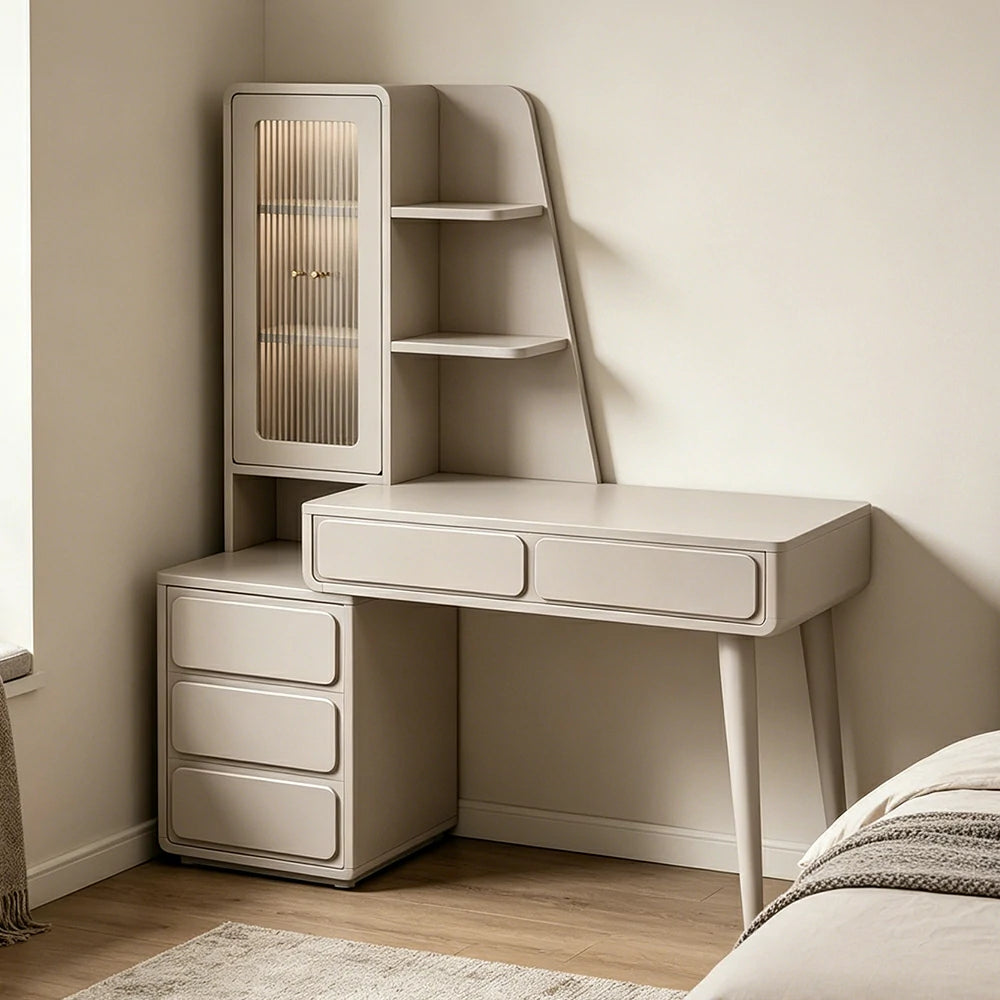 LIVARA Cream White Study Desk with Hutch - 3 Door Storage Cabinet - Left Drawers for Home Office - Smoky Pink