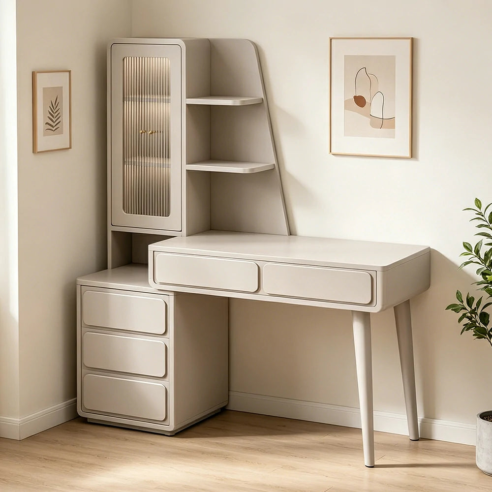 LIVARA Cream White Study Desk with Hutch - 3 Door Storage Cabinet - Left Drawers for Home Office - Smoky Pink