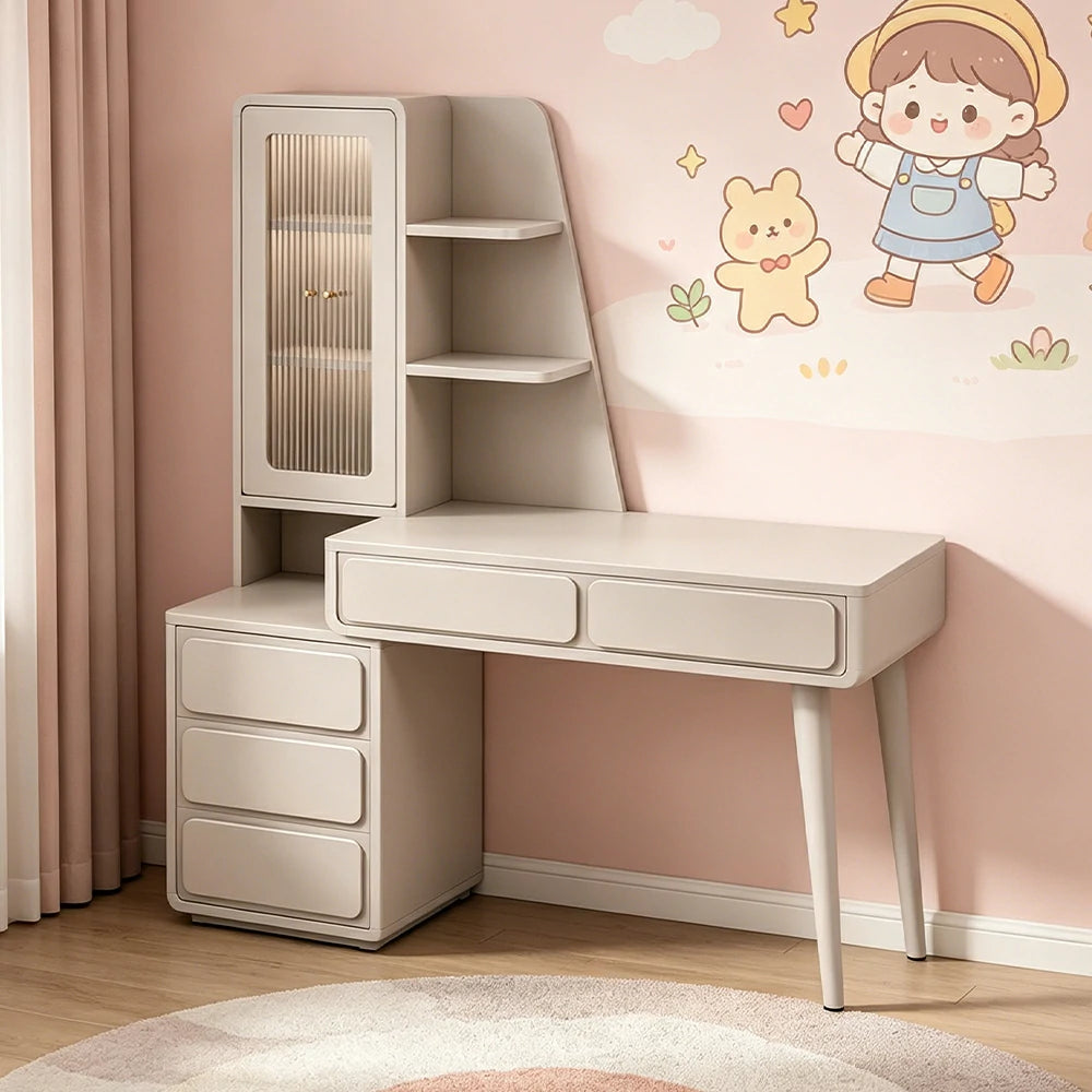 LIVARA Cream White Study Desk with Hutch - 3 Door Storage Cabinet - Left Drawers for Home Office - Smoky Pink