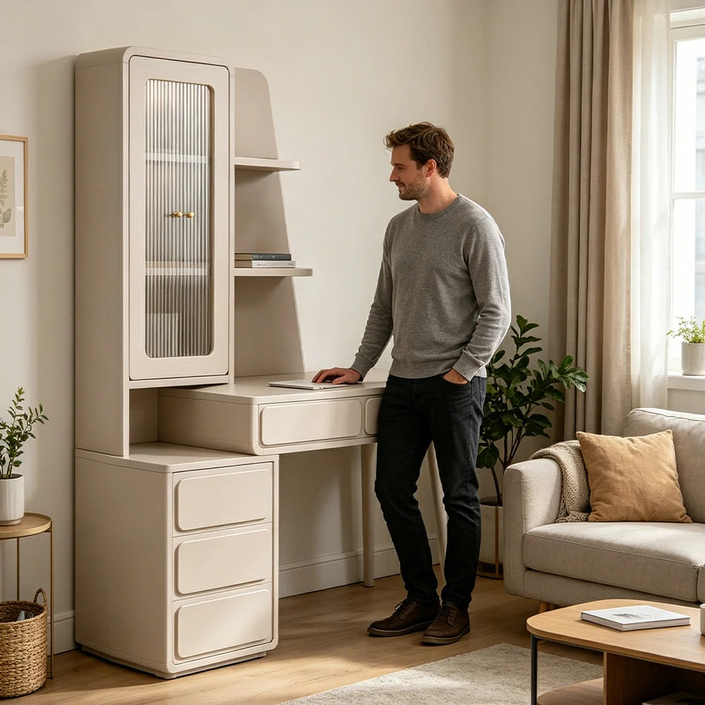 LIVARA Cream White Study Desk with Hutch - 3 Door Storage Cabinet - Left Drawers for Home Office - Smoky Pink