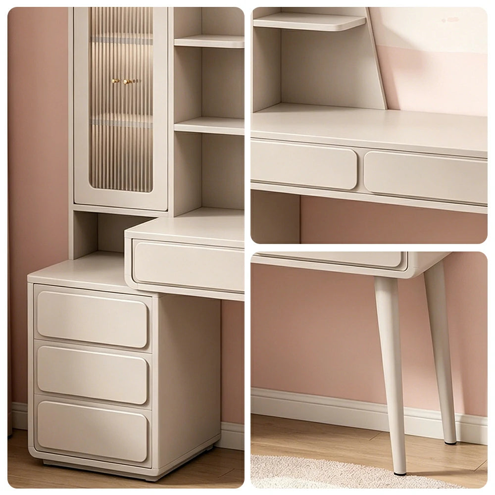 LIVARA Cream White Study Desk with Hutch - 3 Door Storage Cabinet - Left Drawers for Home Office - Smoky Pink