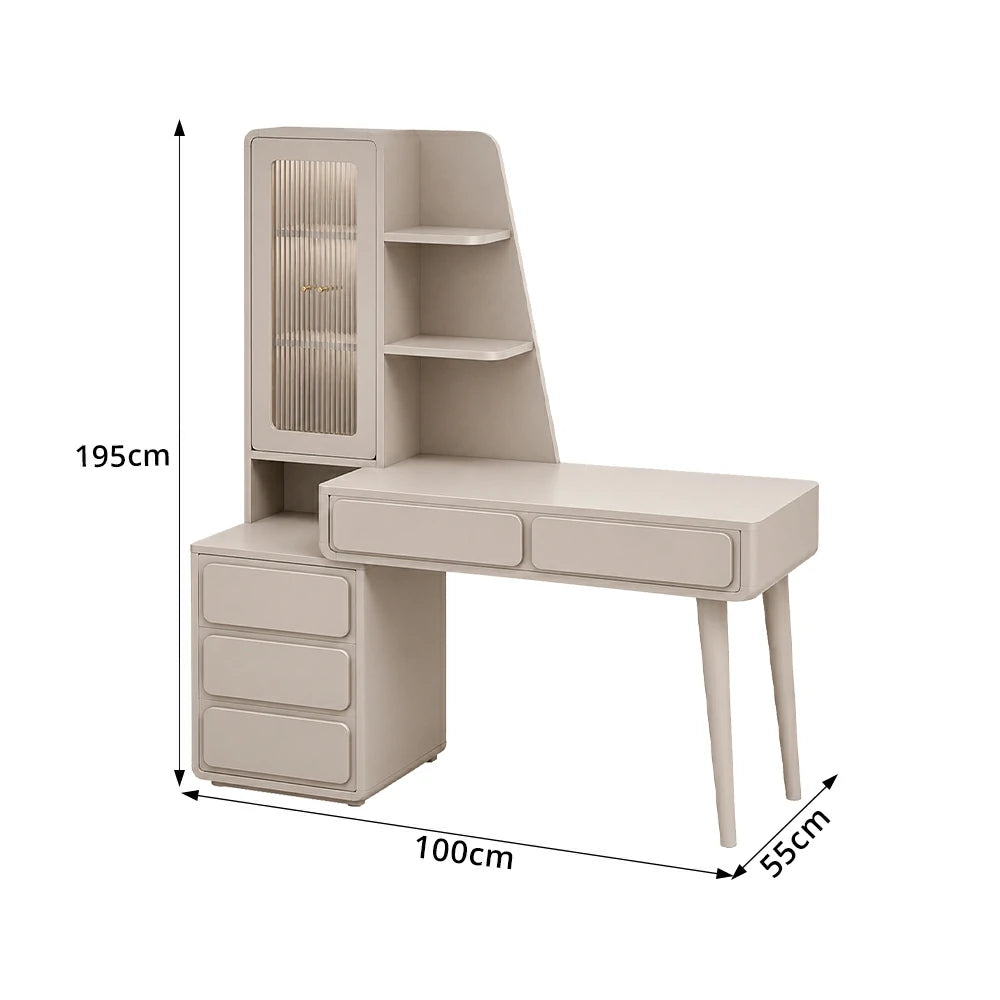 LIVARA Cream White Study Desk with Hutch - 3 Door Storage Cabinet - Left Drawers for Home Office - Smoky Pink