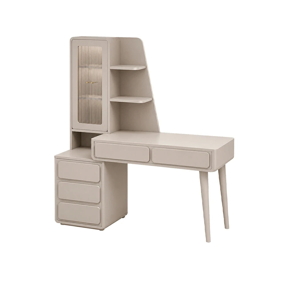 LIVARA Cream White Study Desk with Hutch - 3 Door Storage Cabinet - Left Drawers for Home Office - Smoky Pink