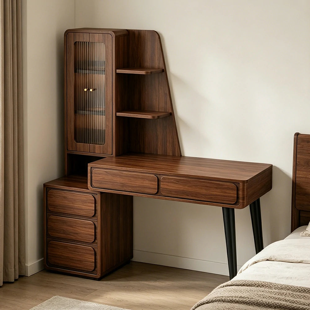 LIVARA Walnut Study Desk with Hutch - 3 Door Storage Cabinet - Left Drawers for Home Office - Zen Walnut