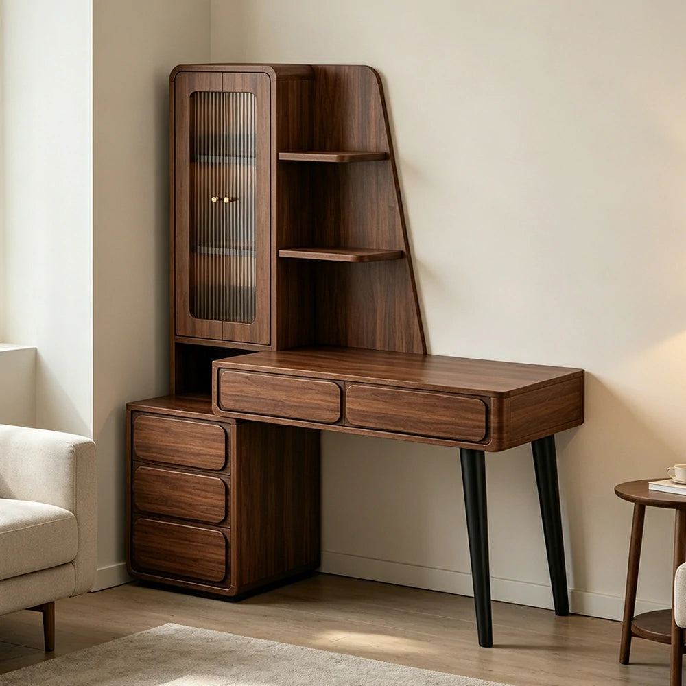 LIVARA Walnut Study Desk with Hutch - 3 Door Storage Cabinet - Left Drawers for Home Office - Zen Walnut