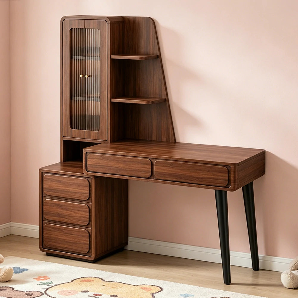 LIVARA Walnut Study Desk with Hutch - 3 Door Storage Cabinet - Left Drawers for Home Office - Zen Walnut