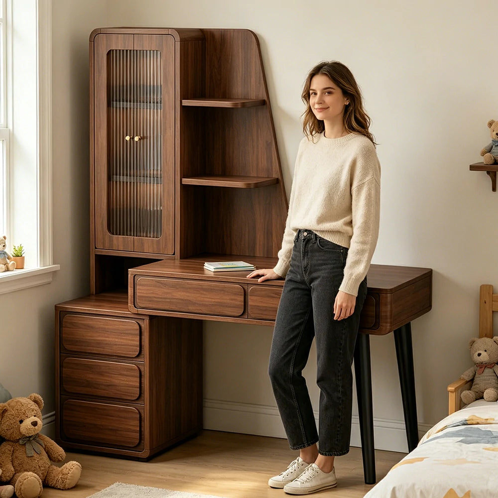 LIVARA Walnut Study Desk with Hutch - 3 Door Storage Cabinet - Left Drawers for Home Office - Zen Walnut