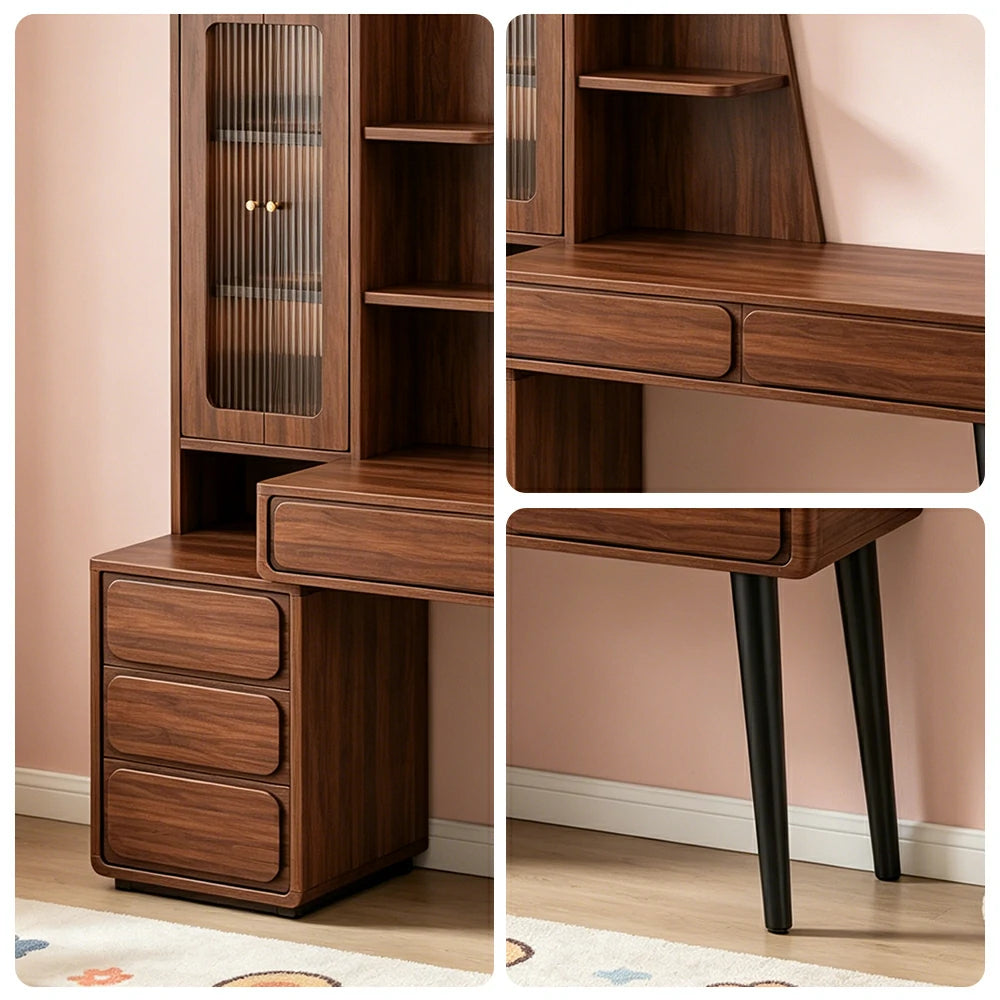 LIVARA Walnut Study Desk with Hutch - 3 Door Storage Cabinet - Left Drawers for Home Office - Zen Walnut
