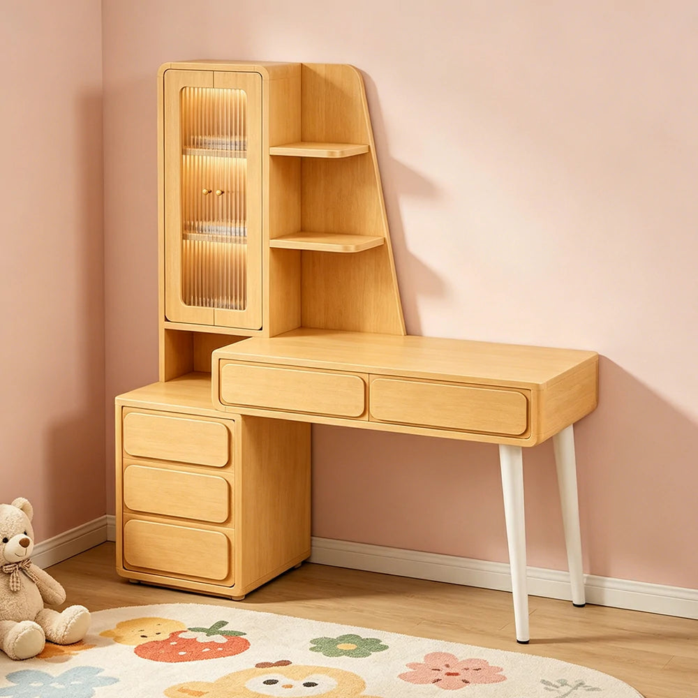 LIVARA Natural Oak Study Desk with Hutch - 3 Door Storage Cabinet - Left Drawers for Home Office - Cloud Oak