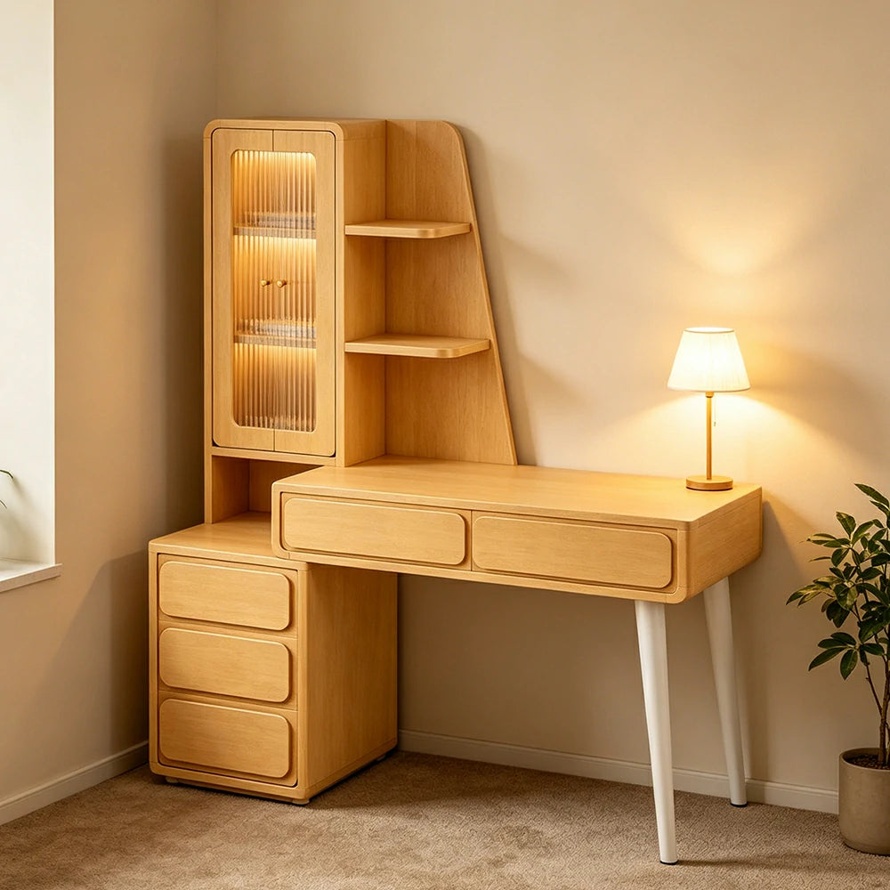 LIVARA Natural Oak Study Desk with Hutch - 3 Door Storage Cabinet - Left Drawers for Home Office - Cloud Oak