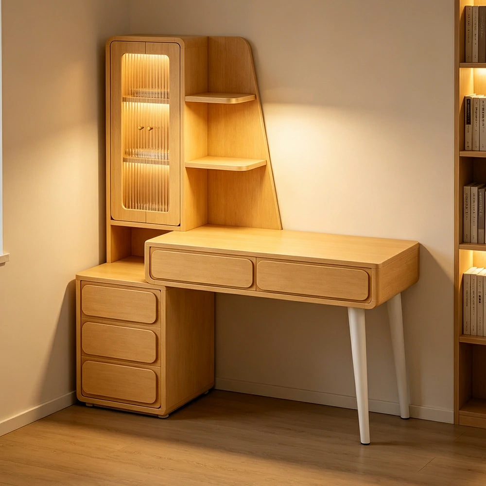 LIVARA Natural Oak Study Desk with Hutch - 3 Door Storage Cabinet - Left Drawers for Home Office - Cloud Oak