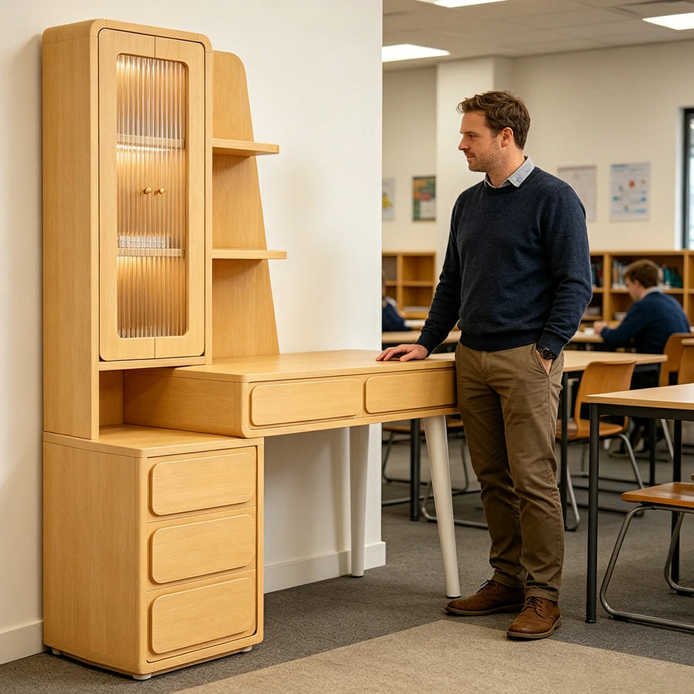 LIVARA Natural Oak Study Desk with Hutch - 3 Door Storage Cabinet - Left Drawers for Home Office - Cloud Oak