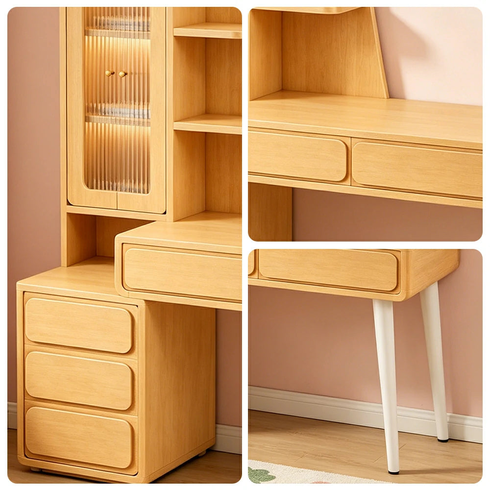 LIVARA Natural Oak Study Desk with Hutch - 3 Door Storage Cabinet - Left Drawers for Home Office - Cloud Oak