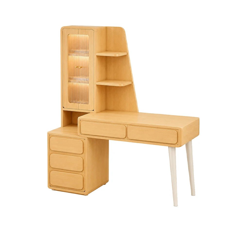 LIVARA Natural Oak Study Desk with Hutch - 3 Door Storage Cabinet - Left Drawers for Home Office - Cloud Oak