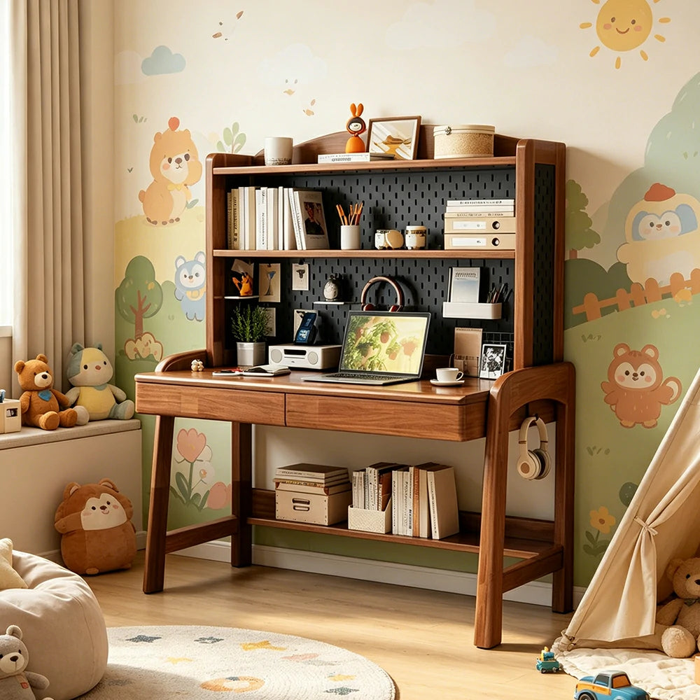 LIVARA Walnut Kids Study Desk with Pegboard Bookshelf - 3 Level Adjustable Desktop for Study Room - Walnut