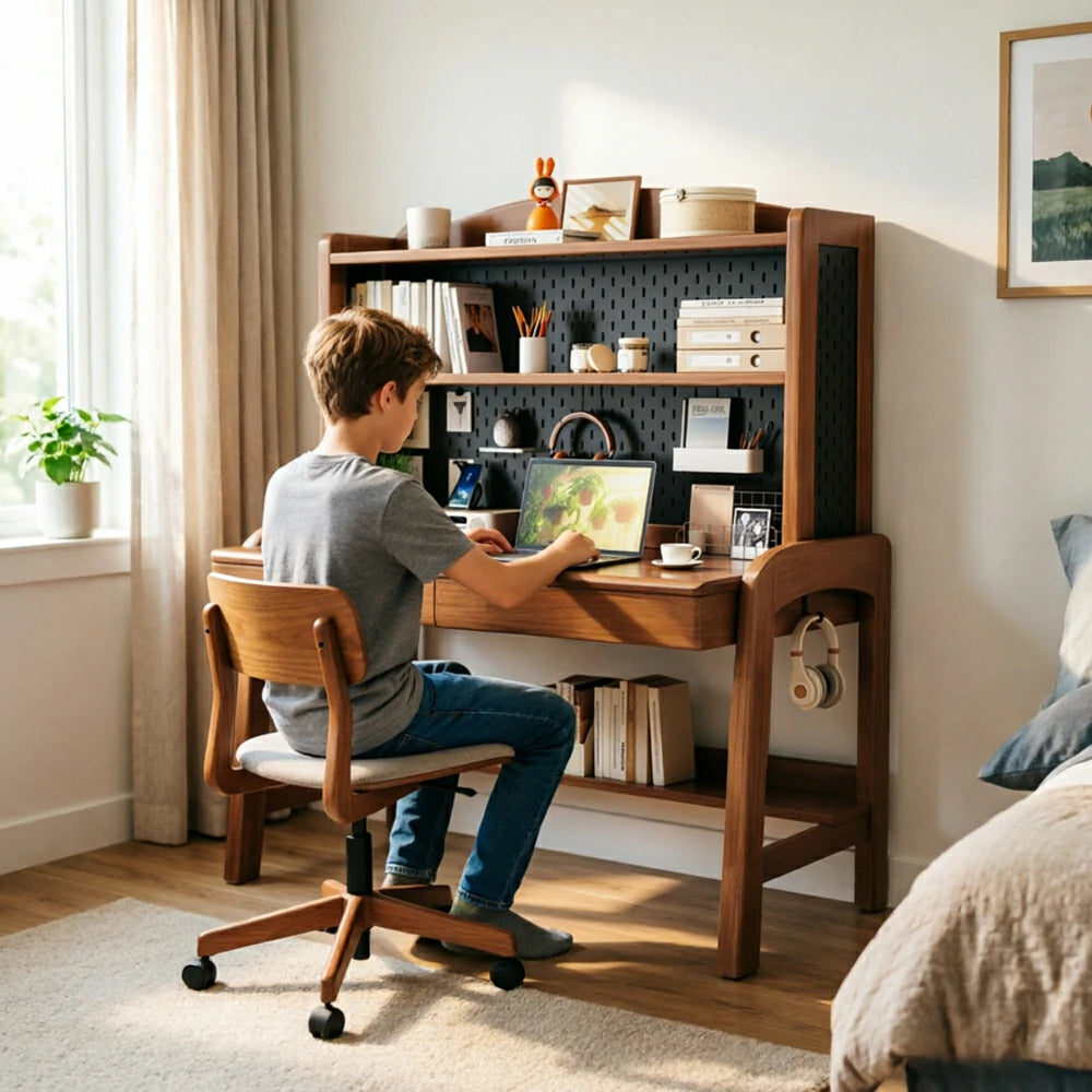 LIVARA Walnut Kids Study Desk with Pegboard Bookshelf - 3 Level Adjustable Desktop for Study Room - Walnut