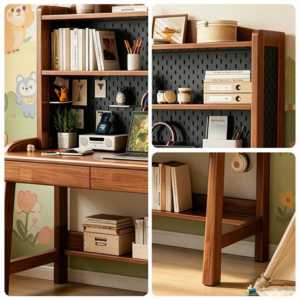 LIVARA Walnut Kids Study Desk with Pegboard Bookshelf - 3 Level Adjustable Desktop for Study Room - Walnut