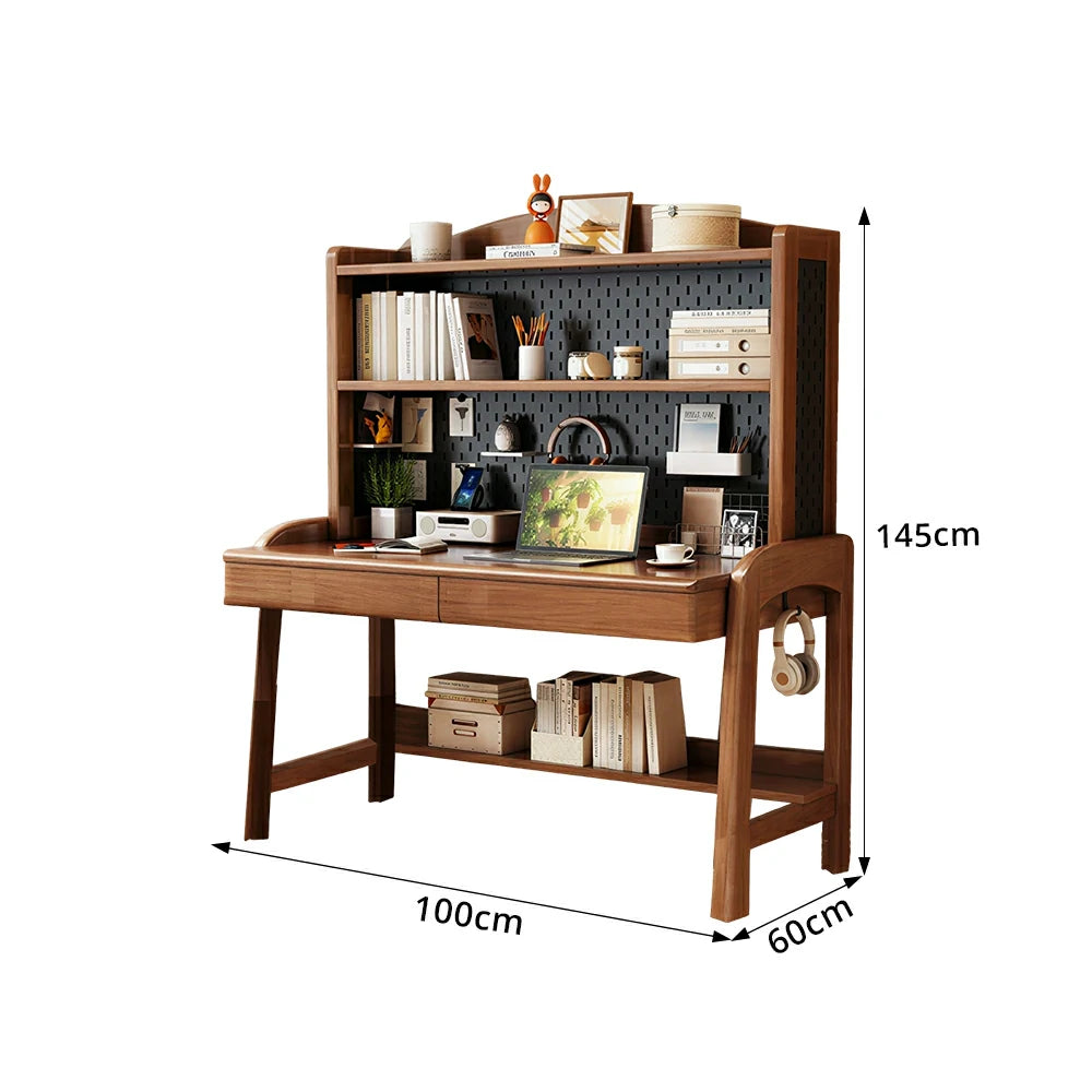 LIVARA Walnut Kids Study Desk with Pegboard Bookshelf - 3 Level Adjustable Desktop for Study Room - Walnut