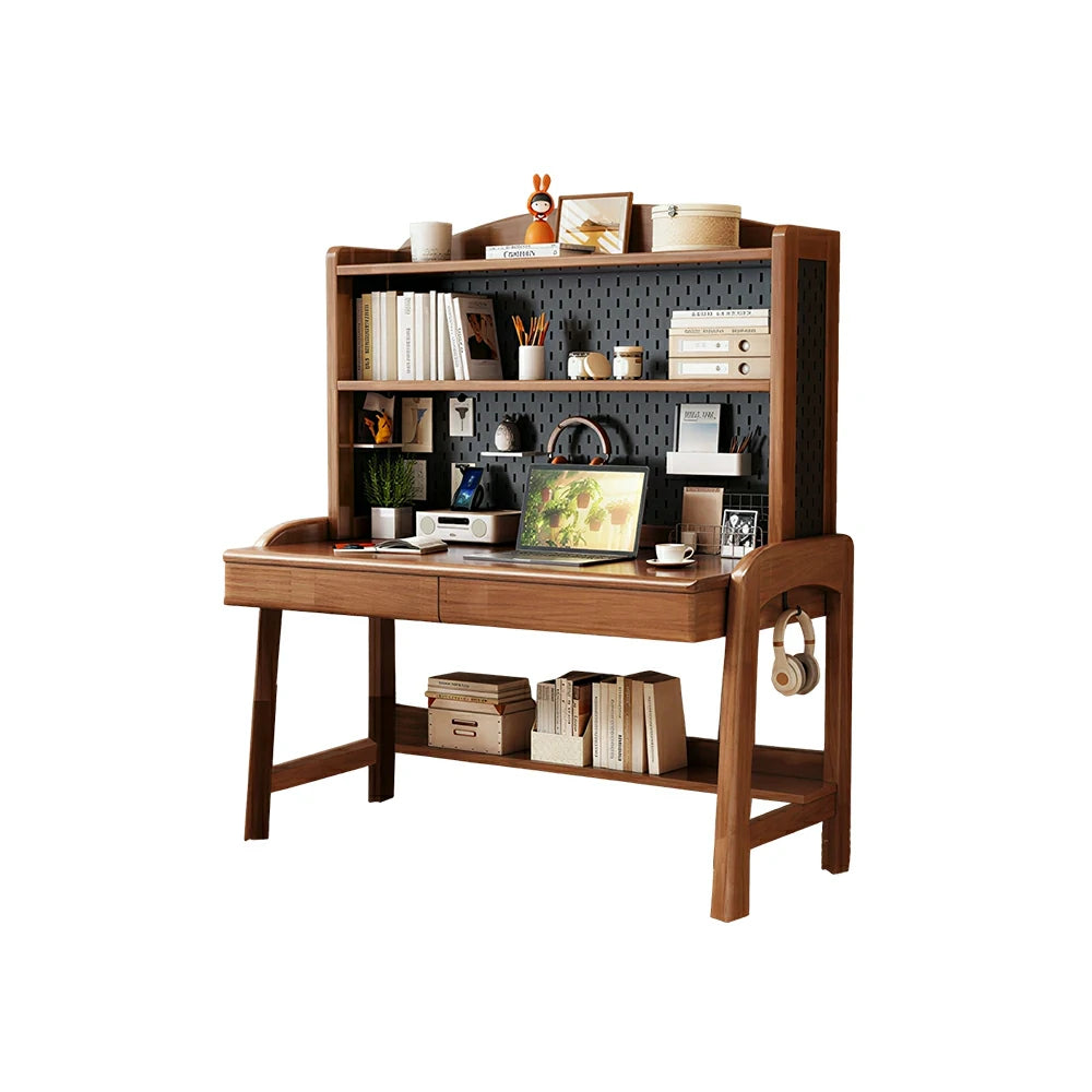 LIVARA Walnut Kids Study Desk with Pegboard Bookshelf - 3 Level Adjustable Desktop for Study Room - Walnut
