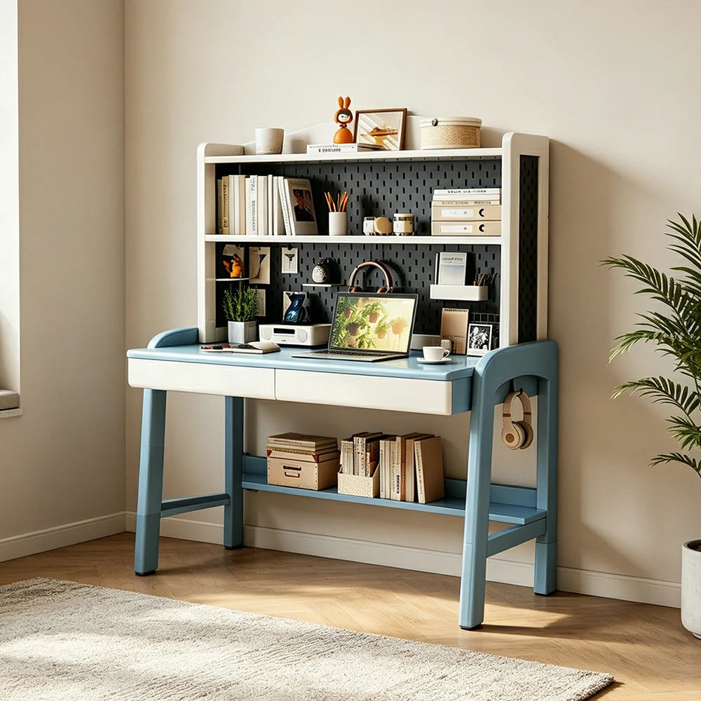 LIVARA Blue White Kids Study Desk with Pegboard Bookshelf - 3 Level Adjustable Desktop for Study Room - Blue White