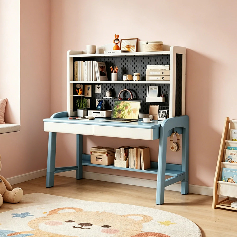 LIVARA Blue White Kids Study Desk with Pegboard Bookshelf - 3 Level Adjustable Desktop for Study Room - Blue White