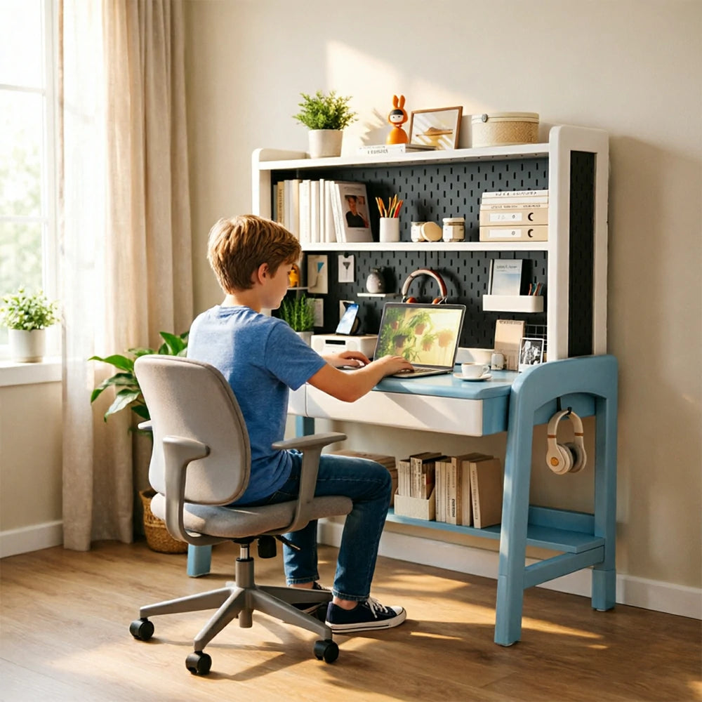 LIVARA Blue White Kids Study Desk with Pegboard Bookshelf - 3 Level Adjustable Desktop for Study Room - Blue White