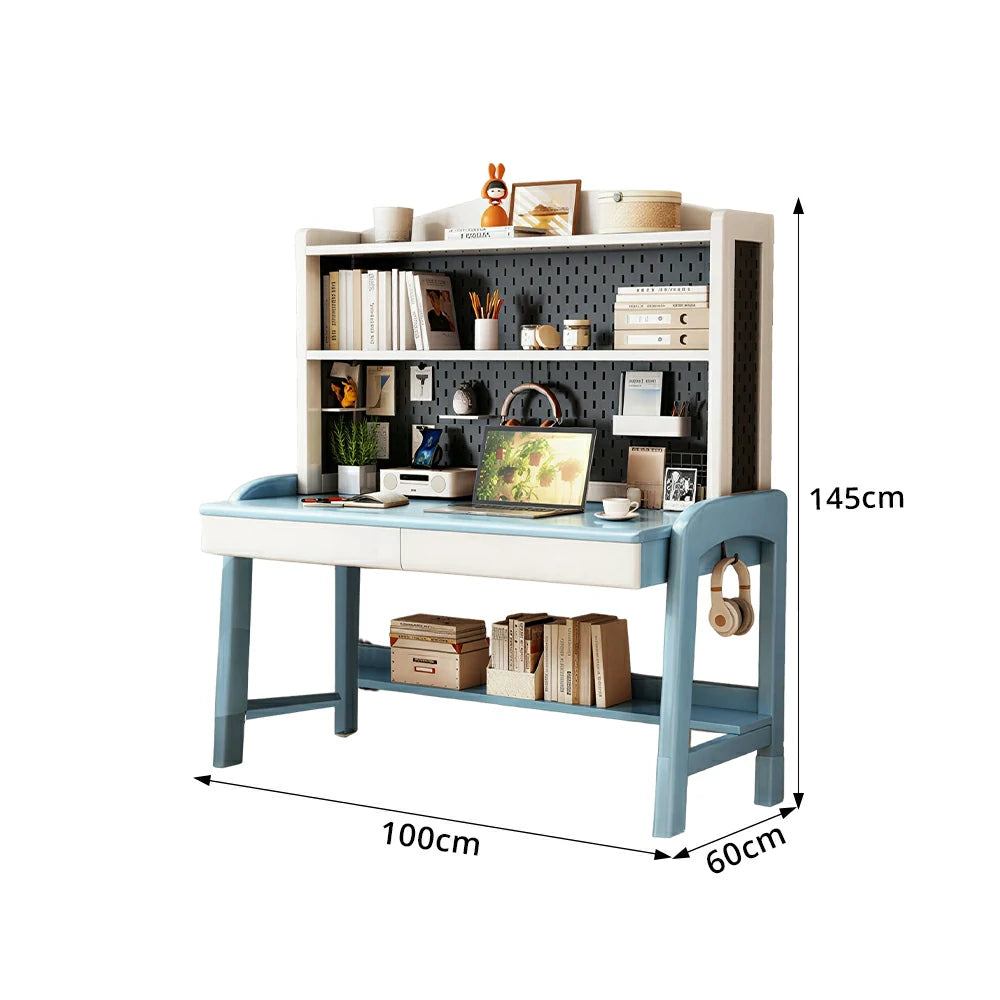 LIVARA Blue White Kids Study Desk with Pegboard Bookshelf - 3 Level Adjustable Desktop for Study Room - Blue White