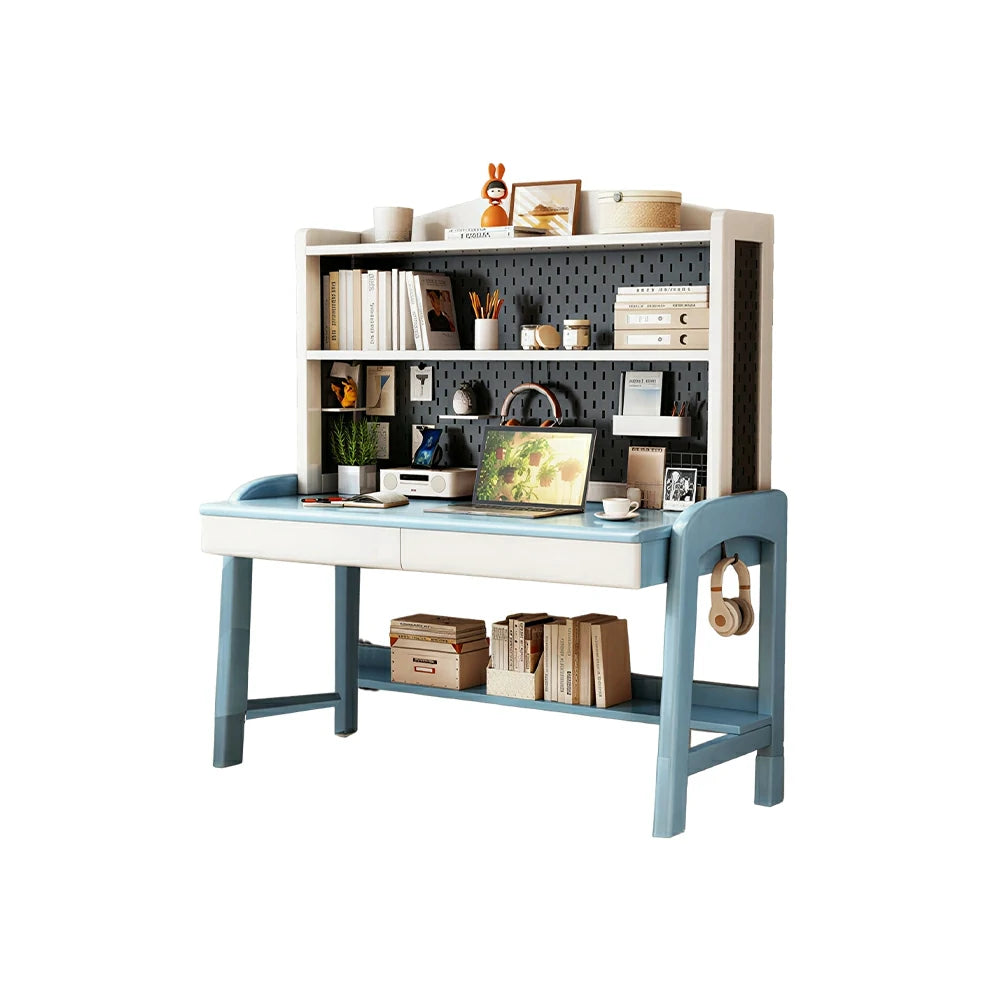 LIVARA Blue White Kids Study Desk with Pegboard Bookshelf - 3 Level Adjustable Desktop for Study Room - Blue White