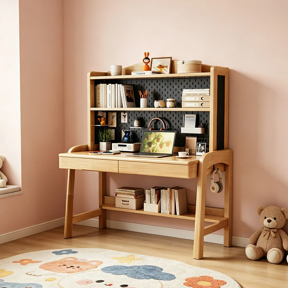 LIVARA Natural Wood Kids Study Desk with Pegboard Bookshelf - 3 Level Adjustable Desktop for Study Room - Natural Wood