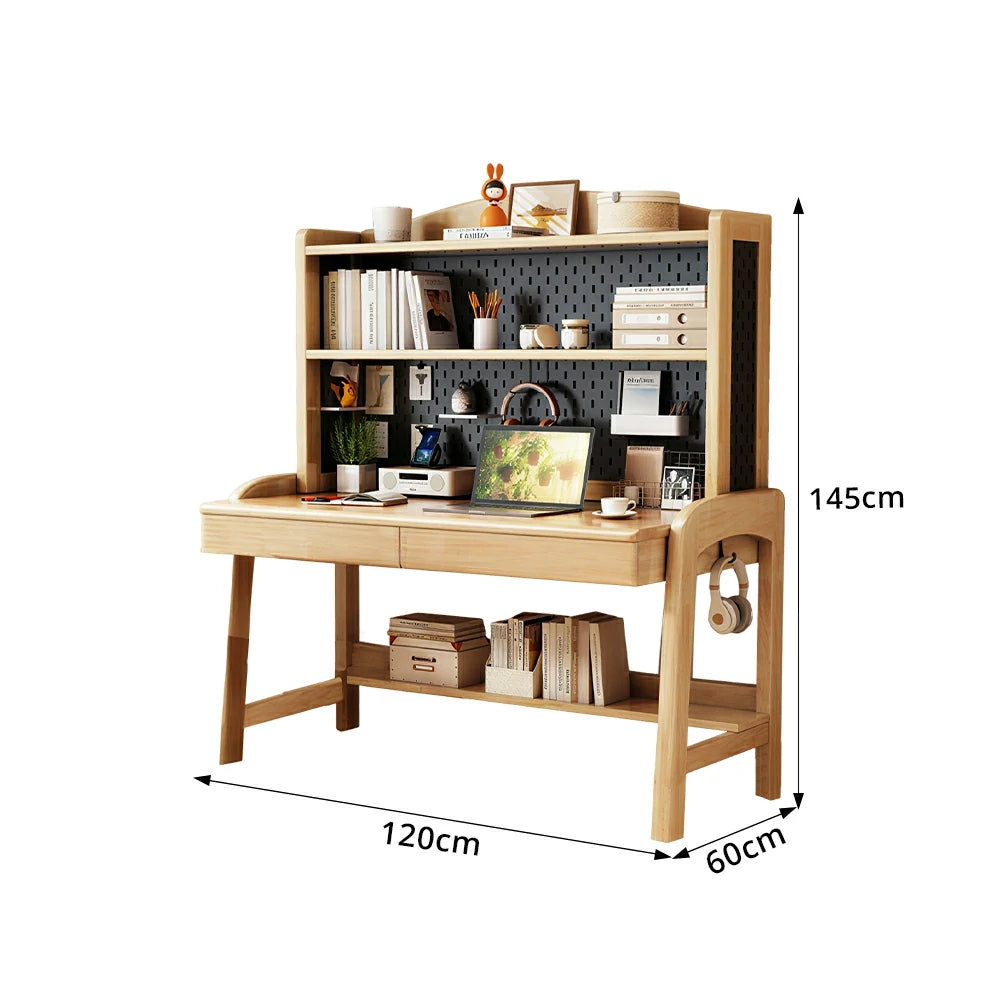 LIVARA Natural Wood Kids Study Desk with Pegboard Bookshelf - 3 Level Adjustable Desktop for Study Room - Natural Wood
