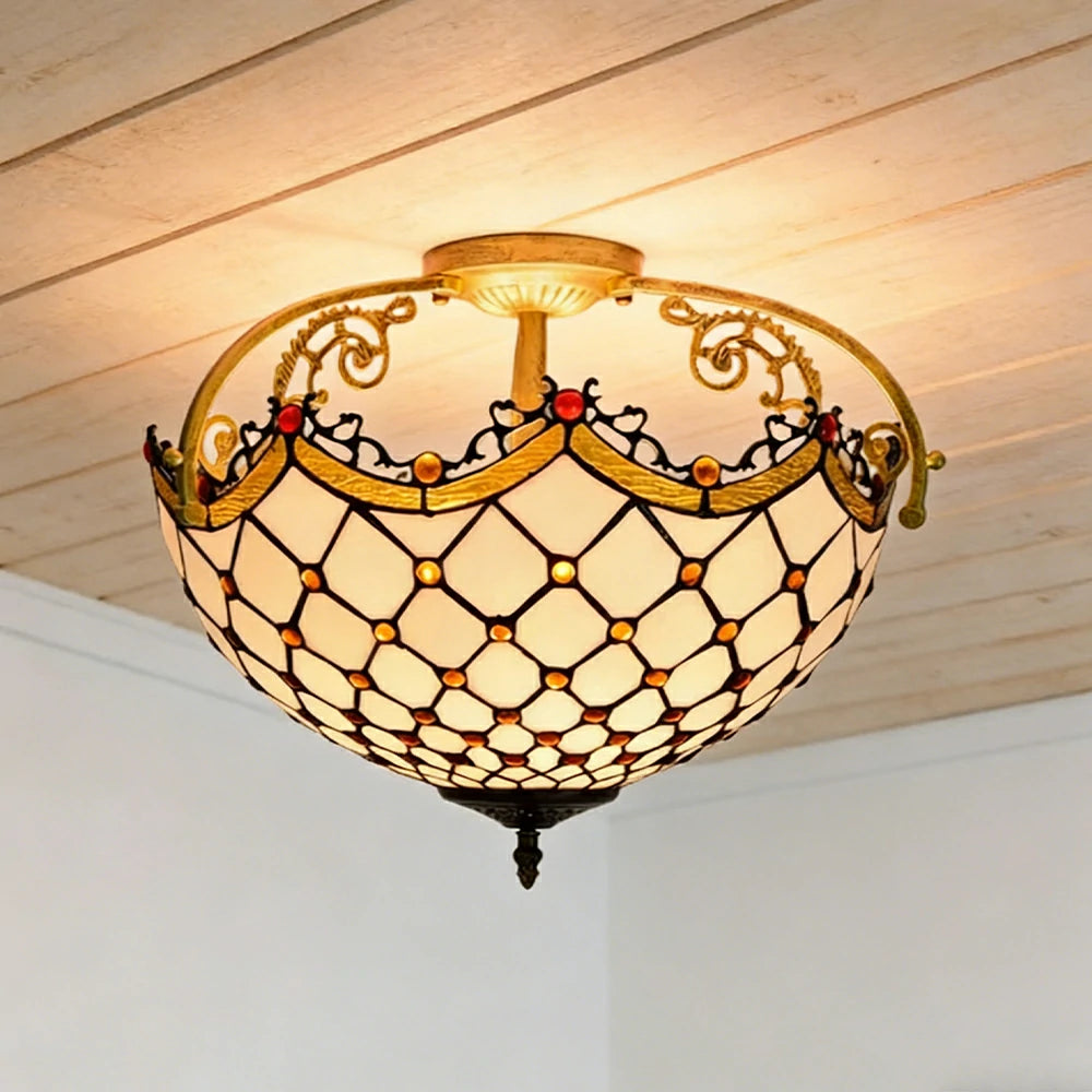 LIVARA European Vintage Amber Stained Glass Ceiling Light 3-Light Design Even Lighting 42x38cm Suitable for Living Room Bedroom Dining Hallway
