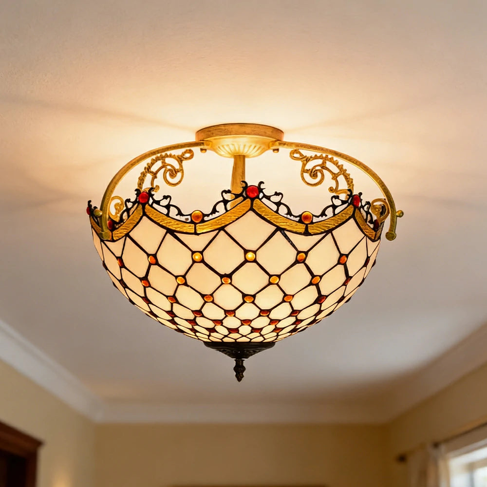 LIVARA European Vintage Amber Stained Glass Ceiling Light 3-Light Design Even Lighting 42x38cm Suitable for Living Room Bedroom Dining Hallway