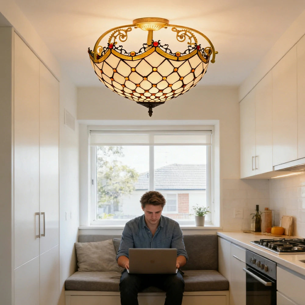 LIVARA European Vintage Amber Stained Glass Ceiling Light 3-Light Design Even Lighting 42x38cm Suitable for Living Room Bedroom Dining Hallway