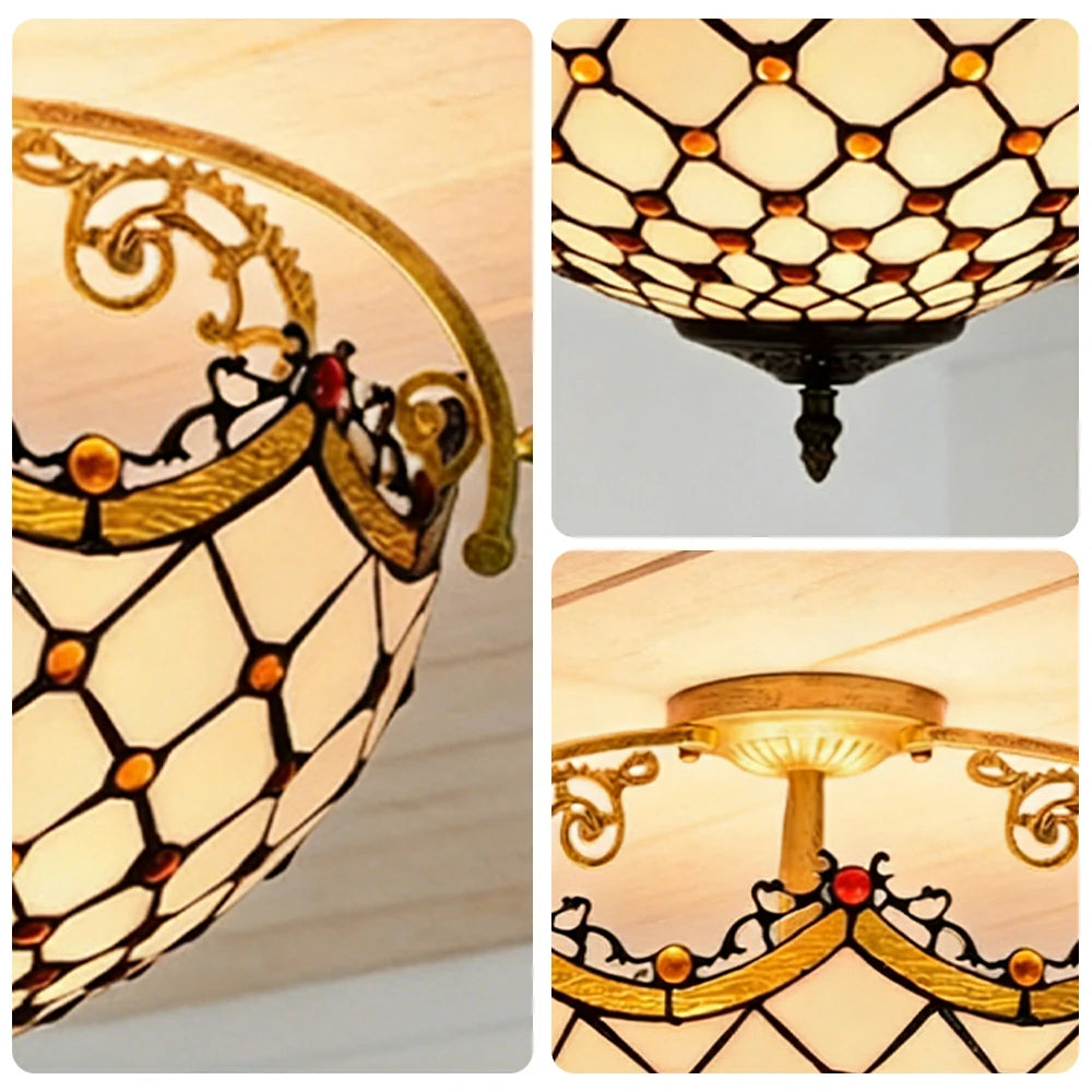 LIVARA European Vintage Amber Stained Glass Ceiling Light 3-Light Design Even Lighting 42x38cm Suitable for Living Room Bedroom Dining Hallway