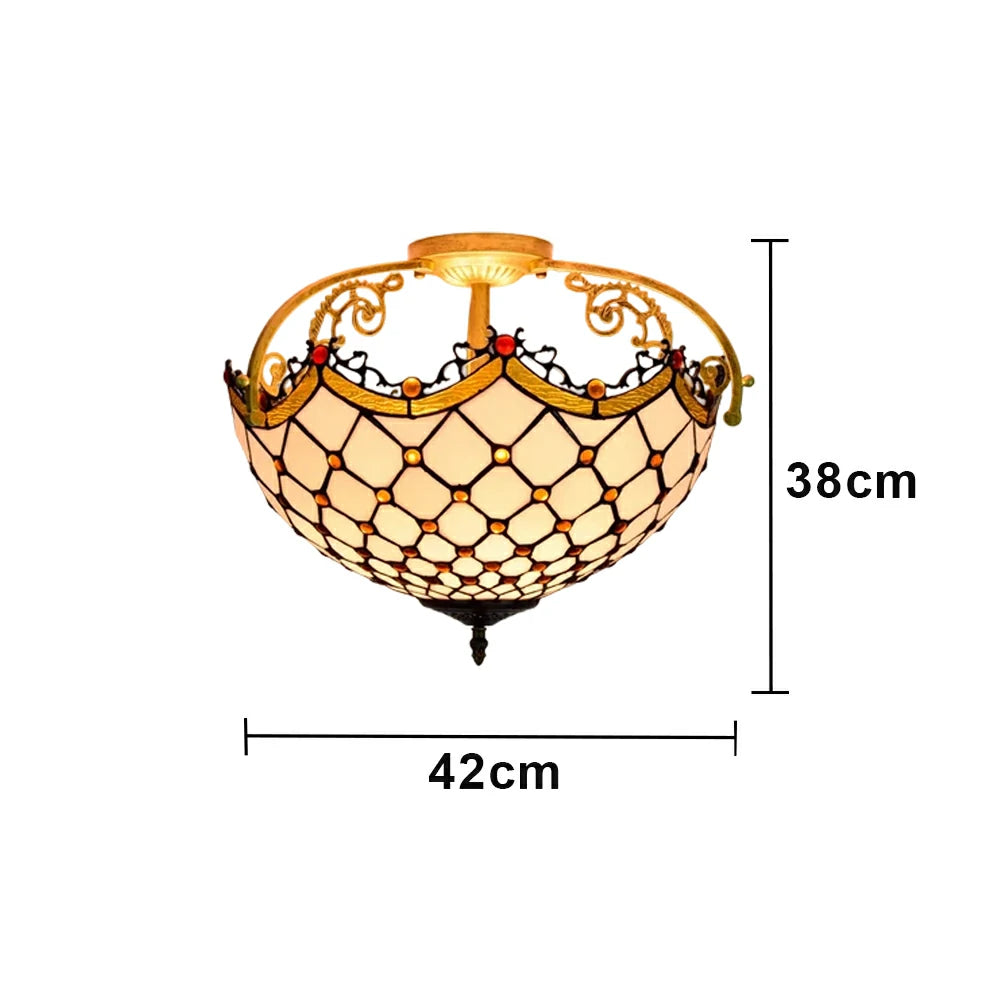 LIVARA European Vintage Amber Stained Glass Ceiling Light 3-Light Design Even Lighting 42x38cm Suitable for Living Room Bedroom Dining Hallway