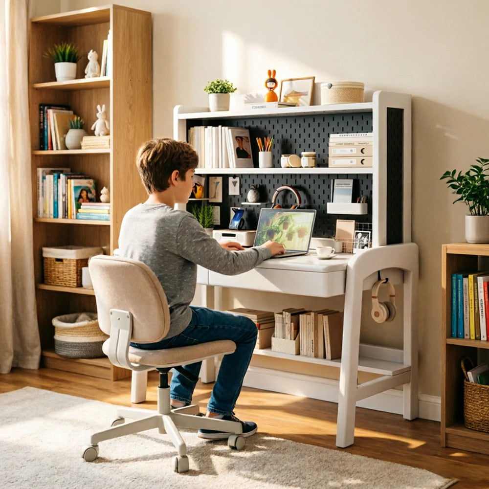 LIVARA White Kids Study Desk with Pegboard Bookshelf - 3 Level Adjustable Desktop for Study Room - White
