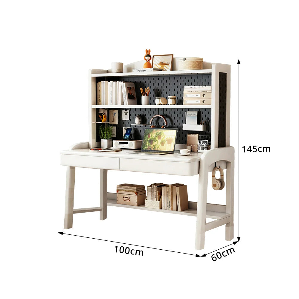 LIVARA White Kids Study Desk with Pegboard Bookshelf - 3 Level Adjustable Desktop for Study Room - White