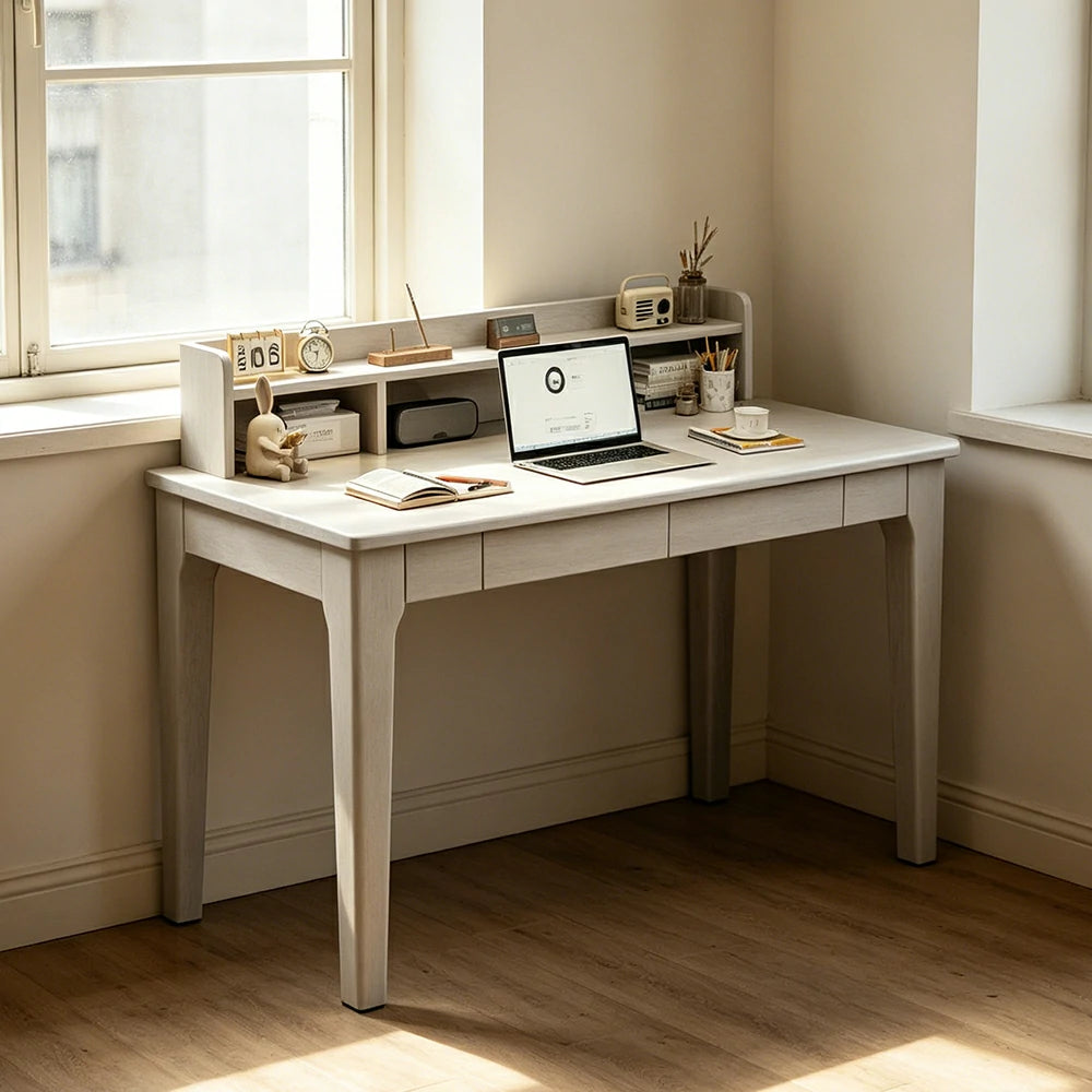 LIVARA Natural Wood Kids Study Desk - Compact Single Desk for Study Room - White