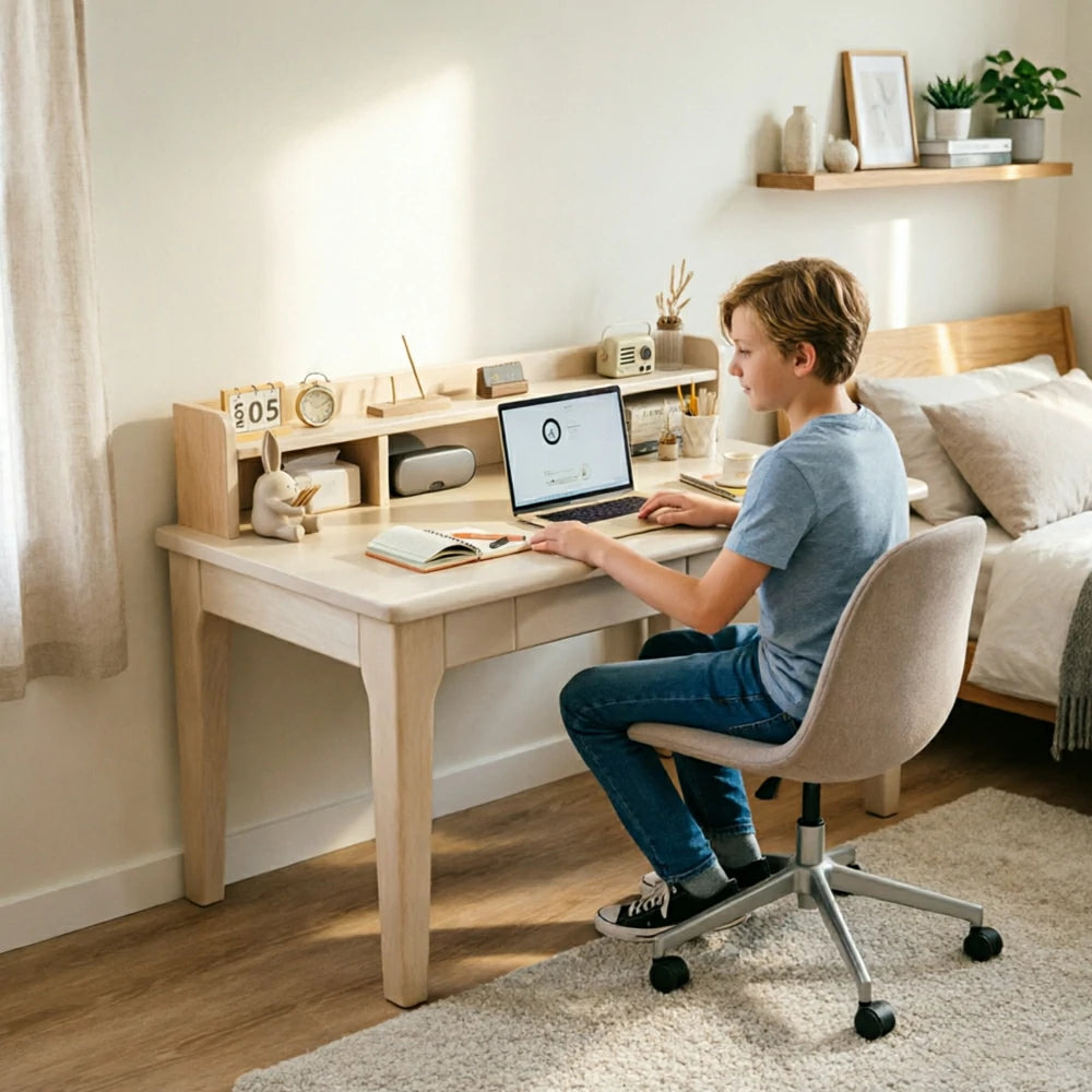 LIVARA Natural Wood Kids Study Desk - Compact Single Desk for Study Room - White